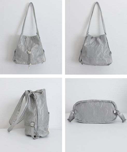 ショルダーバッグ バケツ型鞄 巾着バッグ レディース ミニリュック PUレザー 大人可愛い手提げ パール付きドローストリングバッグ おしゃれ 斜め掛け 3WAY鞄 77AIZHUO-001