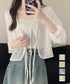 透かし編み シアーカーディガン 長袖夏服 ショート丈トップス レディース フロントリボン サマートップス 透け感 UV対策 韓国ファッション 通学通勤 無地カーデ 77ANMN-001