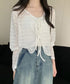 透かし編み シアーカーディガン 長袖夏服 ショート丈トップス レディース フロントリボン サマートップス 透け感 UV対策 韓国ファッション 通学通勤 無地カーデ 77ANMN-001