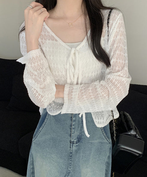 透かし編み シアーカーディガン 長袖夏服 ショート丈トップス レディース フロントリボン サマートップス 透け感 UV対策 韓国ファッション 通学通勤 無地カーデ 77ANMN-001
