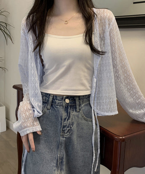 透かし編み シアーカーディガン 長袖夏服 ショート丈トップス レディース フロントリボン サマートップス 透け感 UV対策 韓国ファッション 通学通勤 無地カーデ 77ANMN-001