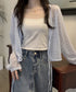 透かし編み シアーカーディガン 長袖夏服 ショート丈トップス レディース フロントリボン サマートップス 透け感 UV対策 韓国ファッション 通学通勤 無地カーデ 77ANMN-001