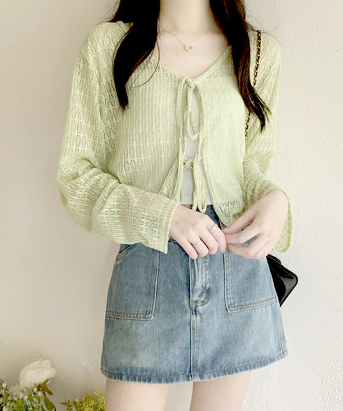 透かし編み シアーカーディガン 長袖夏服 ショート丈トップス レディース フロントリボン サマートップス 透け感 UV対策 韓国ファッション 通学通勤 無地カーデ 77ANMN-001