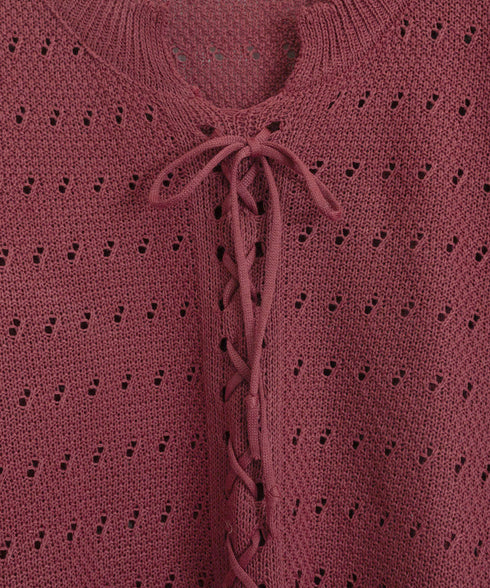 ニットトップス リボンレースアップ春秋 レディース 肌見せニット 長袖 ラウンドネック 無地 ニットセーター 通勤 透かし編みニット フェミニン 着回しトップス 77BAW-001