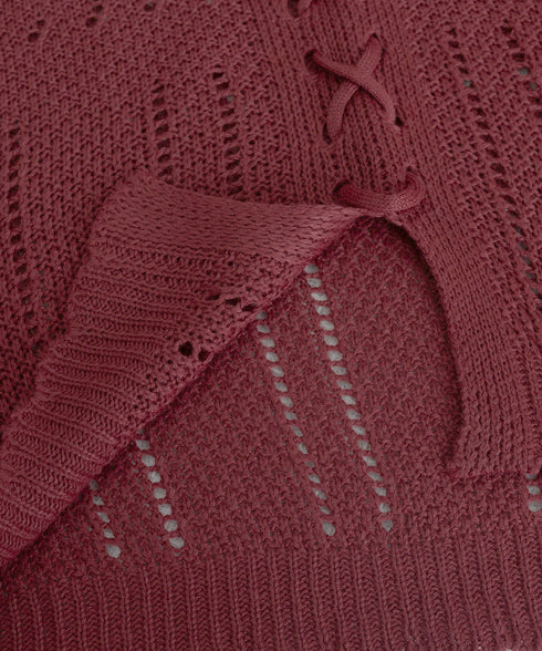 ニットトップス リボンレースアップ春秋 レディース 肌見せニット 長袖 ラウンドネック 無地 ニットセーター 通勤 透かし編みニット フェミニン 着回しトップス 77BAW-001