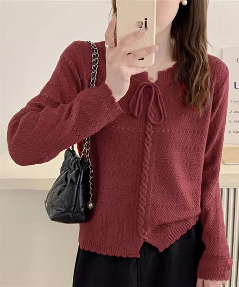 ニットトップス リボンレースアップ春秋 レディース 肌見せニット 長袖 ラウンドネック 無地 ニットセーター 通勤 透かし編みニット フェミニン 着回しトップス 77BAW-001
