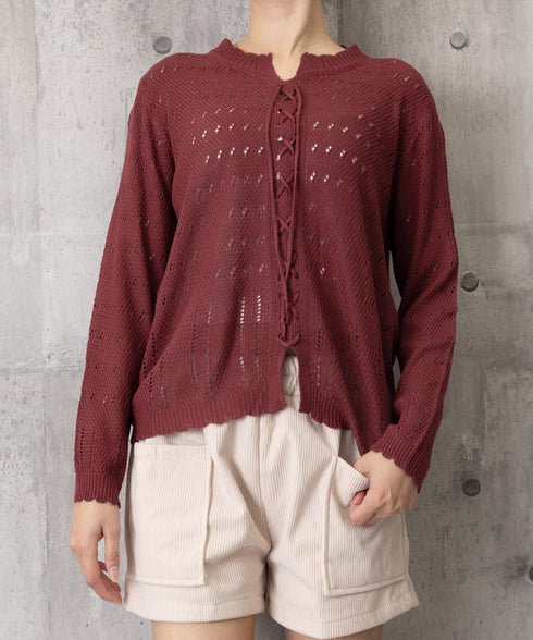 ニットトップス リボンレースアップ春秋 レディース 肌見せニット 長袖 ラウンドネック 無地 ニットセーター 通勤 透かし編みニット フェミニン 着回しトップス 77BAW-001