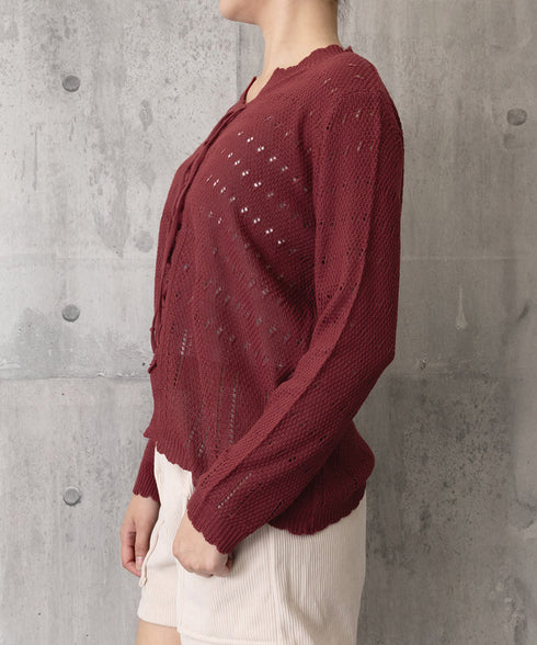 ニットトップス リボンレースアップ春秋 レディース 肌見せニット 長袖 ラウンドネック 無地 ニットセーター 通勤 透かし編みニット フェミニン 着回しトップス 77BAW-001