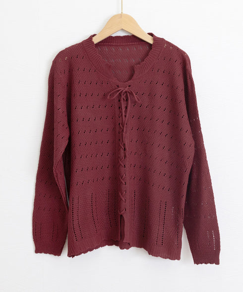 ニットトップス リボンレースアップ春秋 レディース 肌見せニット 長袖 ラウンドネック 無地 ニットセーター 通勤 透かし編みニット フェミニン 着回しトップス 77BAW-001