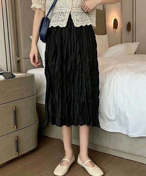 ワッシャースカート ミモレ丈 レディース スカート ウエストゴム 裏地付き フレアスカート 大人可愛い 体型カバー 春夏スカート ランダムプリーツ 黒 白 無地 77BKN-001