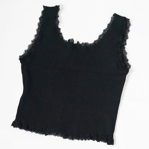 タンクトップ へそ出し サマーニット ショート丈 レースキャミソール ラウンドネック インナー 韓国ファッション 重ね着 リブニット 77BYFS-014