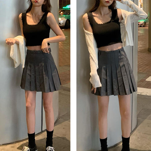 タンクトップ へそ出し サマーニット ショート丈 レースキャミソール ラウンドネック インナー 韓国ファッション 重ね着 リブニット 77BYFS-014