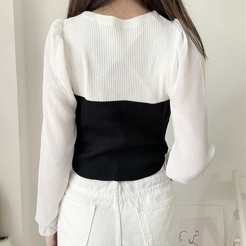 ニットトップス シフォン パフスリーブ ショート丈トップス 袖シフォン ラウンドネック 切り替え ブラウス 異素材 長袖 77BYFS-026
