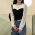 ニットトップス シフォン パフスリーブ ショート丈トップス 袖シフォン ラウンドネック 切り替え ブラウス 異素材 長袖 77BYFS-026