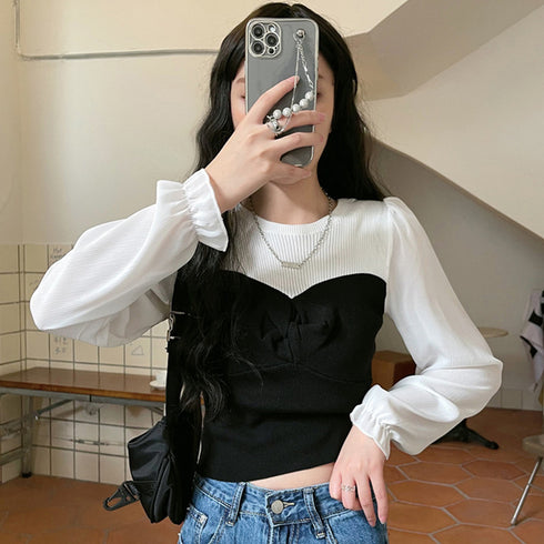 ニットトップス シフォン パフスリーブ ショート丈トップス 袖シフォン ラウンドネック 切り替え ブラウス 異素材 長袖 77BYFS-026
