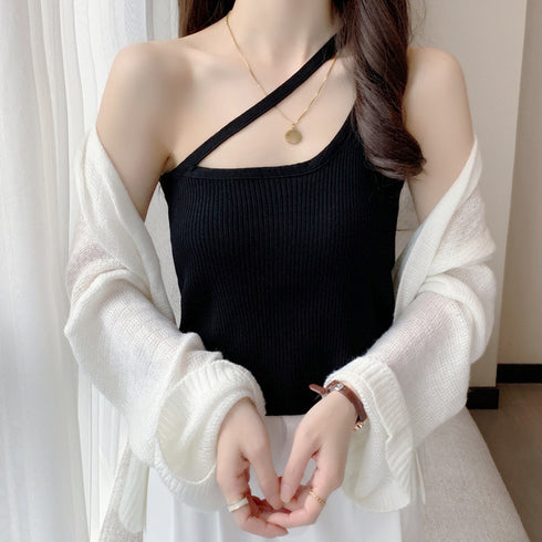 タンクトップ ショート丈 サマーニット ワンショルダー トップス へそ出し キャミソール 韓国ファッション 重ね着 リブニット セクシー 77BYFS-036