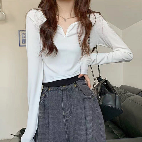 ショート丈トップス キーネック Tシャツ レディースファッション カットソー vネック 韓国風 お洒落 重ね着 着回し レイヤード風 インナー デコルテ 77BYFS-042