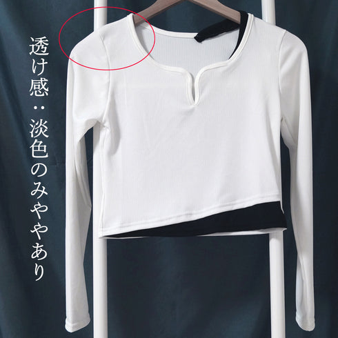 ショート丈トップス キーネック Tシャツ レディースファッション カットソー vネック 韓国風 お洒落 重ね着 着回し レイヤード風 インナー デコルテ 77BYFS-042