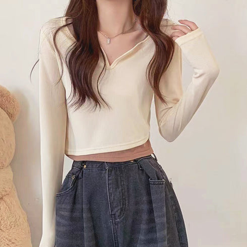 ショート丈トップス キーネック Tシャツ レディースファッション カットソー vネック 韓国風 お洒落 重ね着 着回し レイヤード風 インナー デコルテ 77BYFS-042