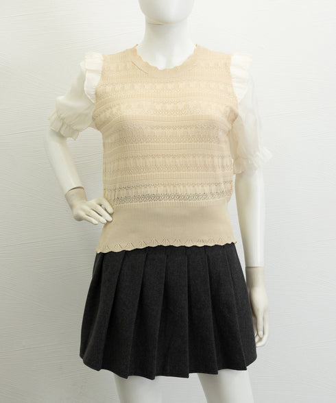 サマーニット 異素材切替 シャツブラウス 半袖 ニットトップス クールネック プルオーバー 春夏 フェミニン ニットブラウス 袖切り替え 透け感 韓国風 きれいめ 77BYFS-048