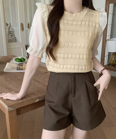 サマーニット 異素材切替 シャツブラウス 半袖 ニットトップス クールネック プルオーバー 春夏 フェミニン ニットブラウス 袖切り替え 透け感 韓国風 きれいめ 77BYFS-048