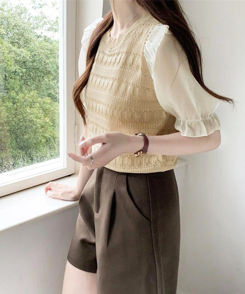 サマーニット 異素材切替 シャツブラウス 半袖 ニットトップス クールネック プルオーバー 春夏 フェミニン ニットブラウス 袖切り替え 透け感 韓国風 きれいめ 77BYFS-048