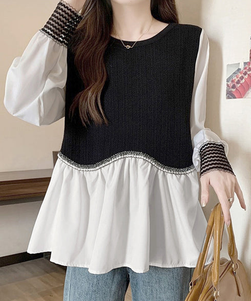 シャツブラウス 異素材 トップス 長袖 レディース 袖切り替え ゆったり クルーネック フレアブラウス チュニックブラウス 春秋 パール お洒落 通勤通学 77BYFS-049