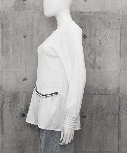 シャツブラウス 異素材 トップス 長袖 レディース 袖切り替え ゆったり クルーネック フレアブラウス チュニックブラウス 春秋 パール お洒落 通勤通学 77BYFS-049