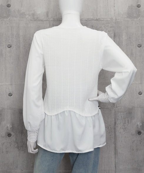 シャツブラウス 異素材 トップス 長袖 レディース 袖切り替え ゆったり クルーネック フレアブラウス チュニックブラウス 春秋 パール お洒落 通勤通学 77BYFS-049