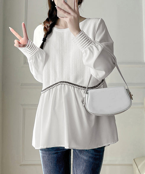 シャツブラウス 異素材 トップス 長袖 レディース 袖切り替え ゆったり クルーネック フレアブラウス チュニックブラウス 春秋 パール お洒落 通勤通学 77BYFS-049