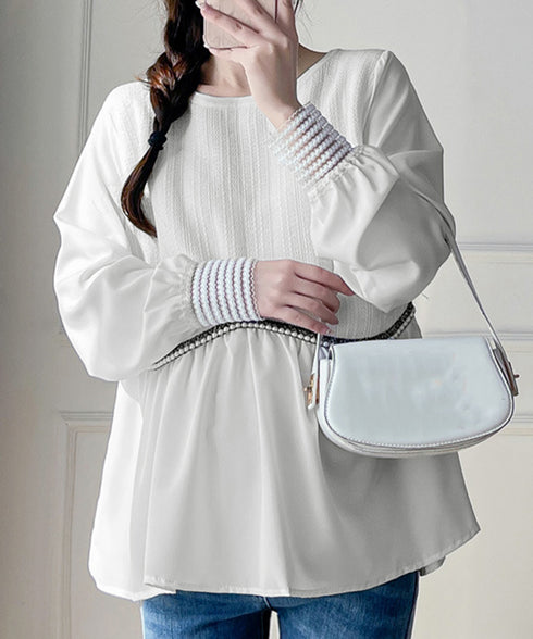 シャツブラウス 異素材 トップス 長袖 レディース 袖切り替え ゆったり クルーネック フレアブラウス チュニックブラウス 春秋 パール お洒落 通勤通学 77BYFS-049