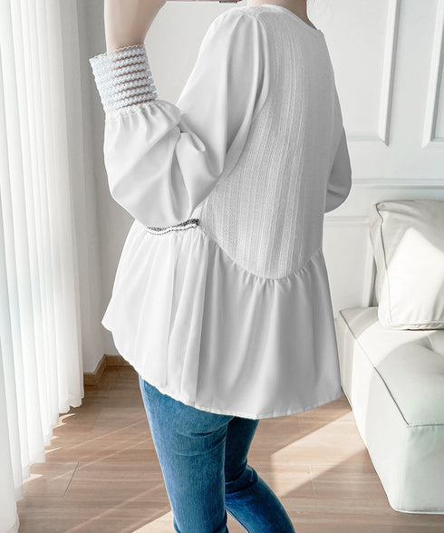 シャツブラウス 異素材 トップス 長袖 レディース 袖切り替え ゆったり クルーネック フレアブラウス チュニックブラウス 春秋 パール お洒落 通勤通学 77BYFS-049