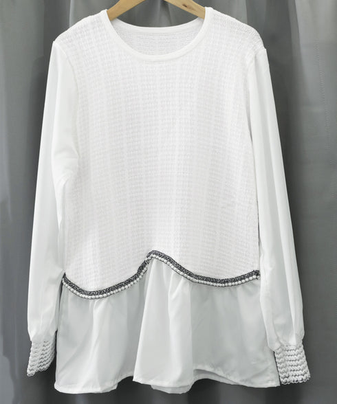 シャツブラウス 異素材 トップス 長袖 レディース 袖切り替え ゆったり クルーネック フレアブラウス チュニックブラウス 春秋 パール お洒落 通勤通学 77BYFS-049