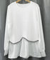 シャツブラウス 異素材 トップス 長袖 レディース 袖切り替え ゆったり クルーネック フレアブラウス チュニックブラウス 春秋 パール お洒落 通勤通学 77BYFS-049
