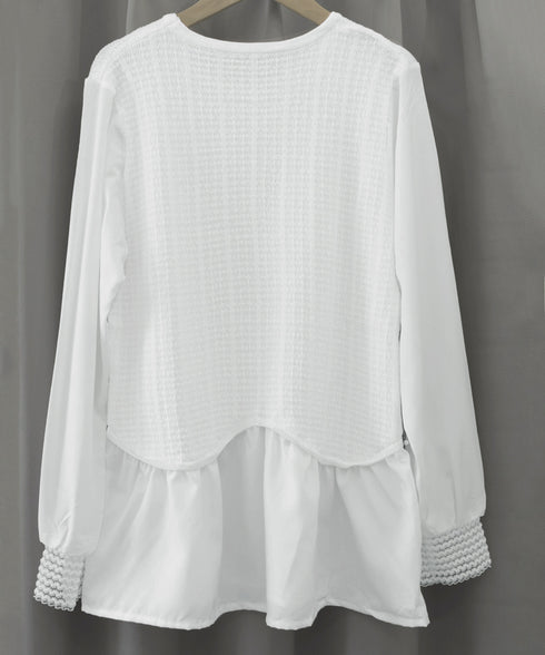 シャツブラウス 異素材 トップス 長袖 レディース 袖切り替え ゆったり クルーネック フレアブラウス チュニックブラウス 春秋 パール お洒落 通勤通学 77BYFS-049