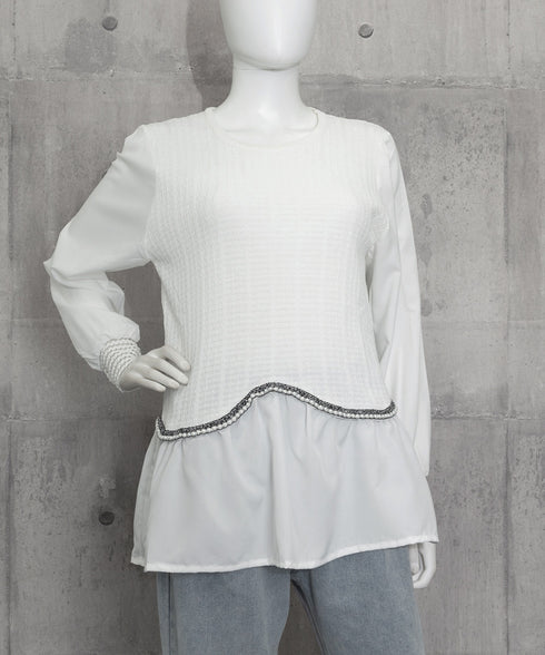 シャツブラウス 異素材 トップス 長袖 レディース 袖切り替え ゆったり クルーネック フレアブラウス チュニックブラウス 春秋 パール お洒落 通勤通学 77BYFS-049