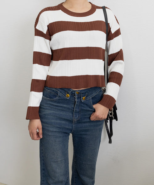 ニットトップス ショート丈 秋冬トップス 長袖 ボーダー柄ニット ドロップショルダー ニットソー 着回し セーター クルーネック 通勤通学 オフィスカジュアル 77BYFS-051