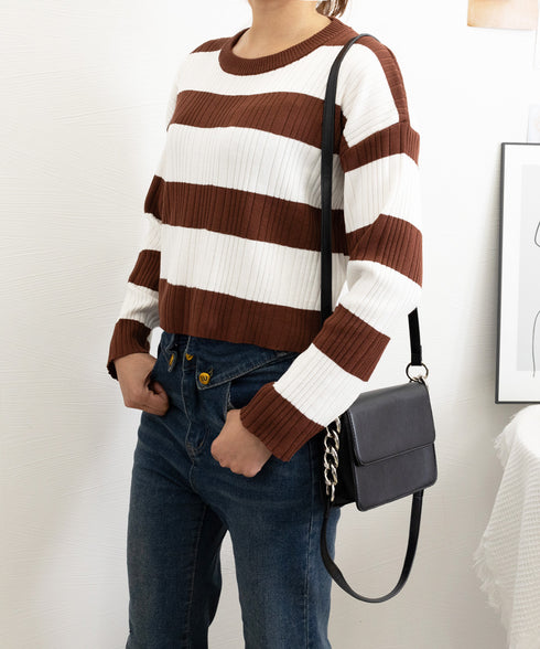 ニットトップス ショート丈 秋冬トップス 長袖 ボーダー柄ニット ドロップショルダー ニットソー 着回し セーター クルーネック 通勤通学 オフィスカジュアル 77BYFS-051