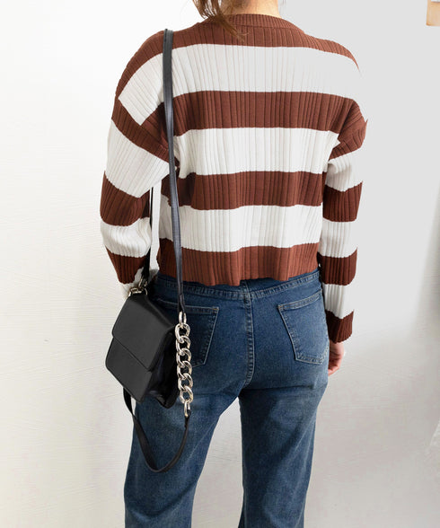 ニットトップス ショート丈 秋冬トップス 長袖 ボーダー柄ニット ドロップショルダー ニットソー 着回し セーター クルーネック 通勤通学 オフィスカジュアル 77BYFS-051