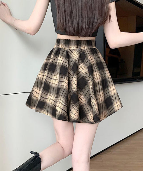 チェック柄スカパン ミニ丈スカート 春夏 スカート レディース インナーパンツ付き 美脚ボトムス ウエストゴム 韓国風 膝上スカート ウエストマーク 体型カバー 77CHIW-001