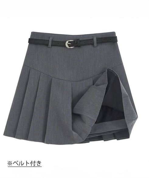 プリーツスカート ミニ丈 ベルト付き スカート インナーパンツ付き Aラインスカート ハイウエスト 細見え ショートスカート 韓国ファッション 台形スカート 77CHUNJ-002