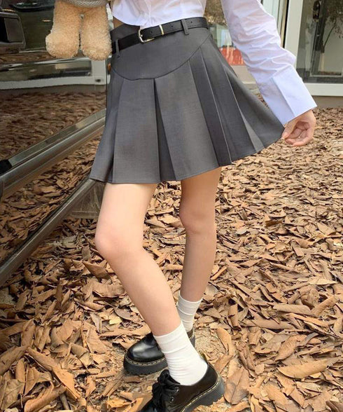 プリーツスカート ミニ丈 ベルト付き スカート インナーパンツ付き Aラインスカート ハイウエスト 細見え ショートスカート 韓国ファッション 台形スカート 77CHUNJ-002