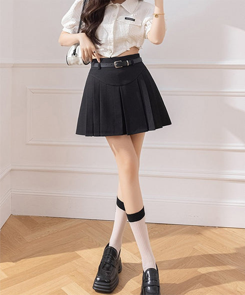 プリーツスカート ミニ丈 ベルト付き スカート インナーパンツ付き Aラインスカート ハイウエスト 細見え ショートスカート 韓国ファッション 台形スカート 77CHUNJ-002
