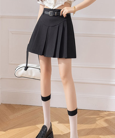 プリーツスカート ミニ丈 ベルト付き スカート インナーパンツ付き Aラインスカート ハイウエスト 細見え ショートスカート 韓国ファッション 台形スカート 77CHUNJ-002