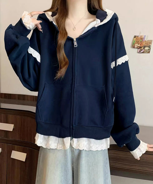 パーカー レース切り替え 韓国風 ZIP ジップアップパーカー 裾レース スウェットパーカー 薄手 フード付き 羽織り 大人可愛い ゆったりトップス カジュアル服 77DAILAN-001