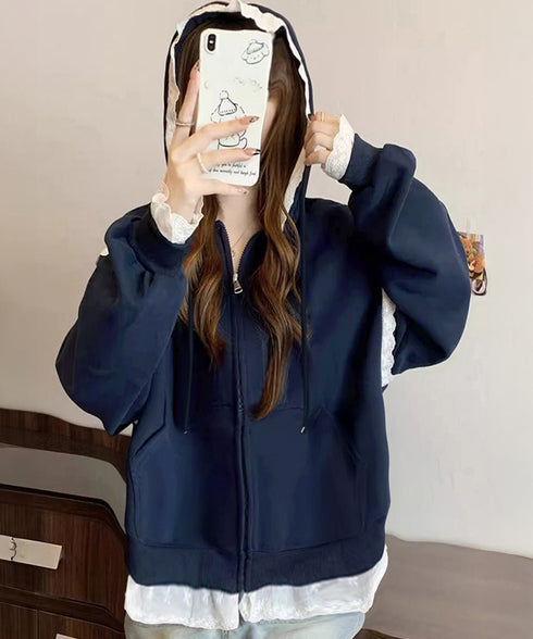 パーカー レース切り替え 韓国風 ZIP ジップアップパーカー 裾レース スウェットパーカー 薄手 フード付き 羽織り 大人可愛い ゆったりトップス カジュアル服 77DAILAN-001
