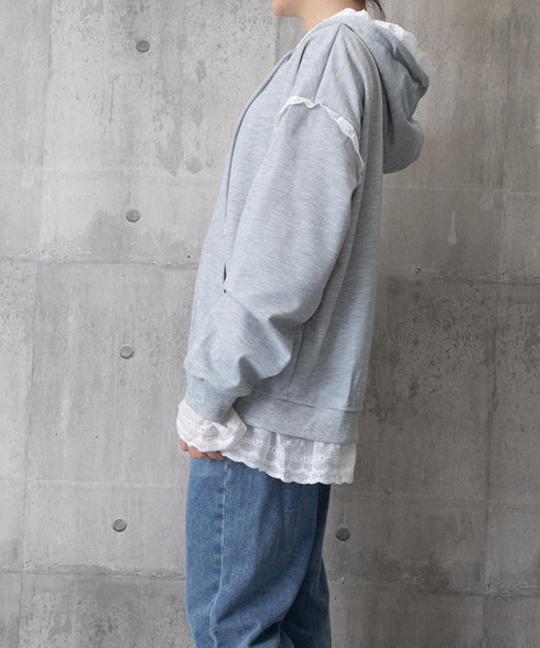 パーカー レース切り替え 韓国風 ZIP ジップアップパーカー 裾レース スウェットパーカー 薄手 フード付き 羽織り 大人可愛い ゆったりトップス カジュアル服 77DAILAN-001