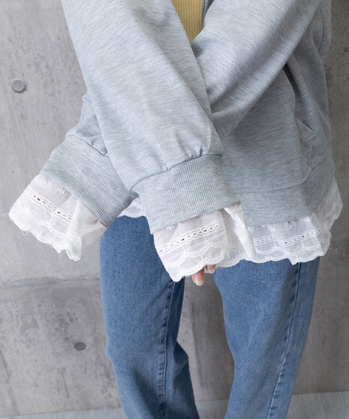 パーカー レース切り替え 韓国風 ZIP ジップアップパーカー 裾レース スウェットパーカー 薄手 フード付き 羽織り 大人可愛い ゆったりトップス カジュアル服 77DAILAN-001