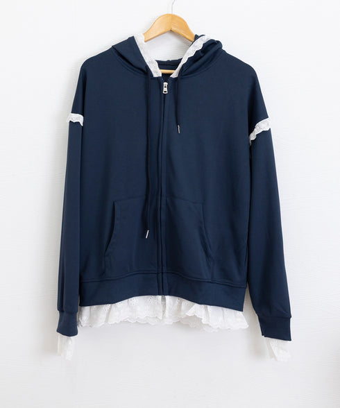 パーカー レース切り替え 韓国風 ZIP ジップアップパーカー 裾レース スウェットパーカー 薄手 フード付き 羽織り 大人可愛い ゆったりトップス カジュアル服 77DAILAN-001