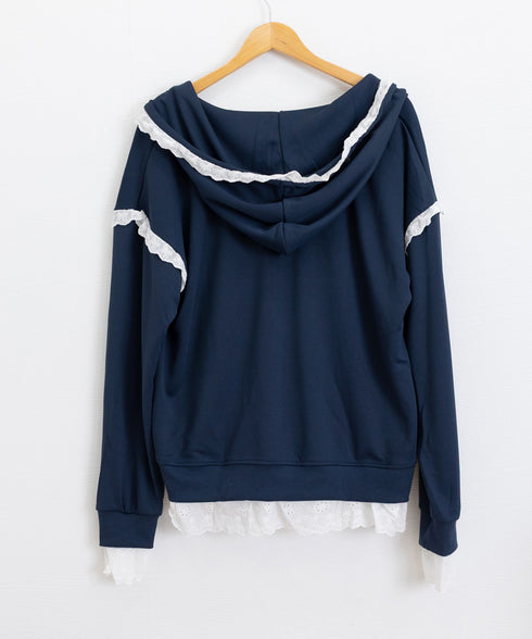 パーカー レース切り替え 韓国風 ZIP ジップアップパーカー 裾レース スウェットパーカー 薄手 フード付き 羽織り 大人可愛い ゆったりトップス カジュアル服 77DAILAN-001